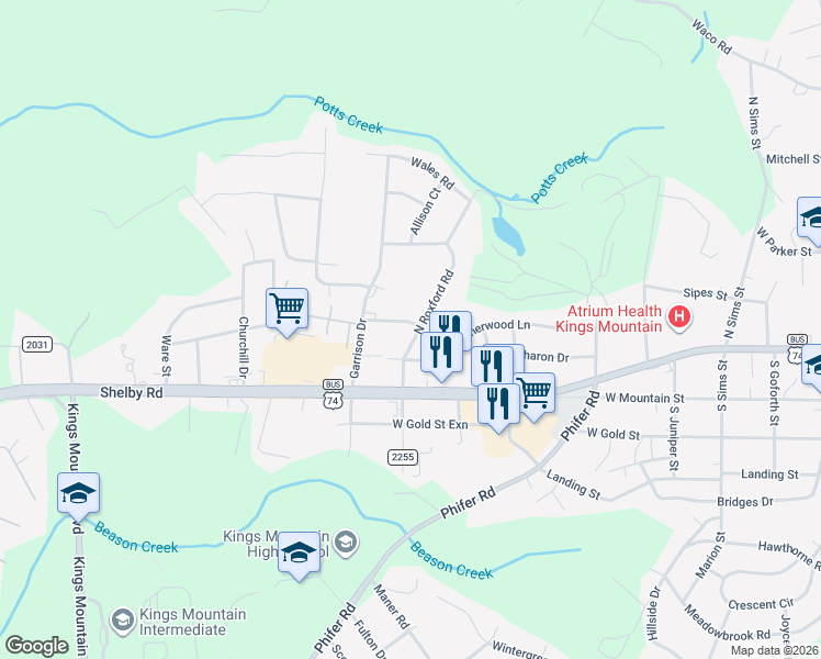 map of restaurants, bars, coffee shops, grocery stores, and more near 201 North Roxford Road in Kings Mountain