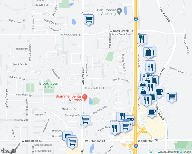 map of restaurants, bars, coffee shops, grocery stores, and more near 3421 Grassland Drive in Norman