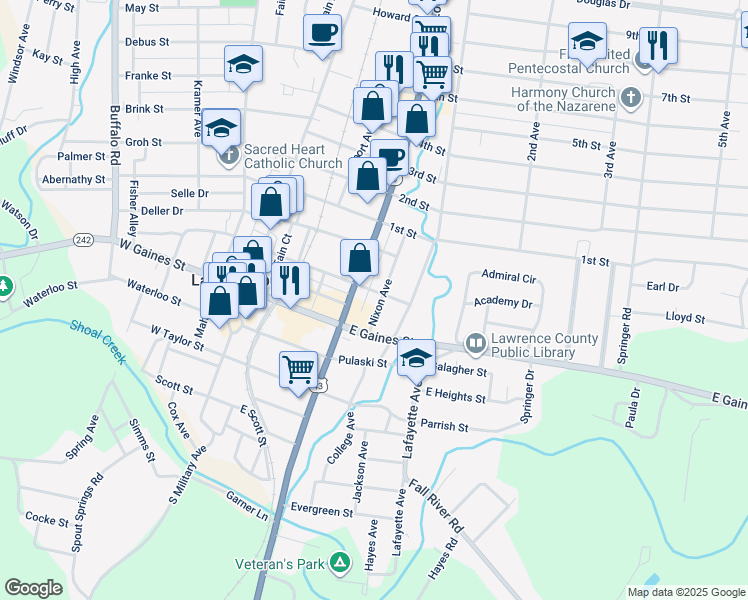 map of restaurants, bars, coffee shops, grocery stores, and more near 223 Nixon Avenue in Lawrenceburg