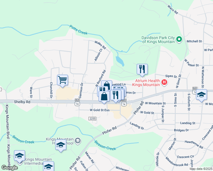 map of restaurants, bars, coffee shops, grocery stores, and more near 208 Victoria Circle in Kings Mountain