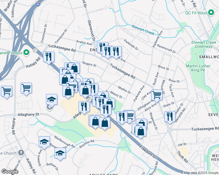 map of restaurants, bars, coffee shops, grocery stores, and more near 3157 Maury Street in Charlotte