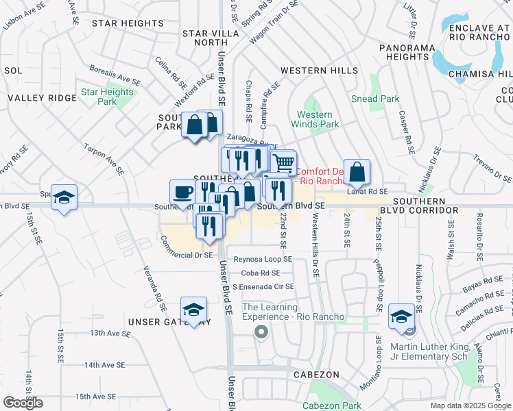 map of restaurants, bars, coffee shops, grocery stores, and more near 2109 Southern Boulevard Southeast in Rio Rancho