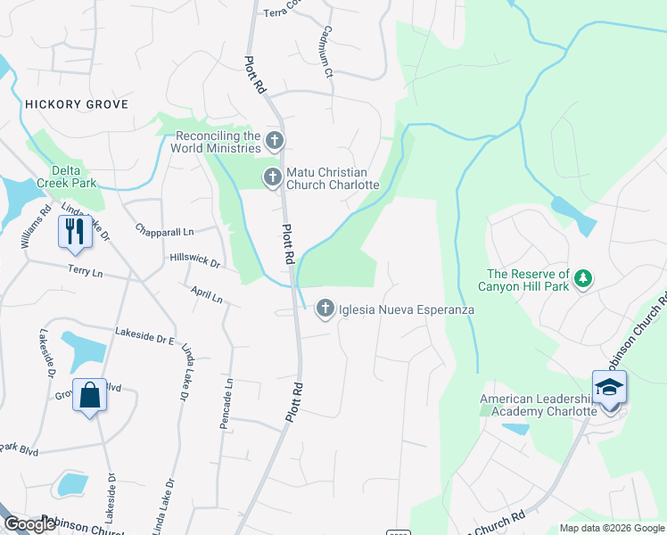 map of restaurants, bars, coffee shops, grocery stores, and more near 7410 Plott Road in Charlotte