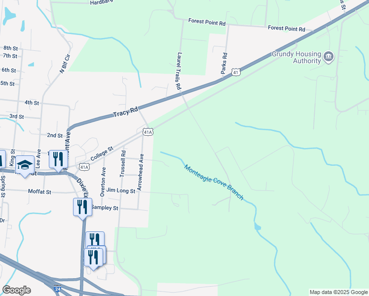 map of restaurants, bars, coffee shops, grocery stores, and more near in Monteagle