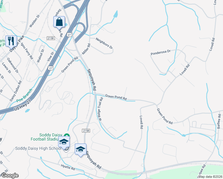 map of restaurants, bars, coffee shops, grocery stores, and more near 675 Green Pond Road in Soddy-Daisy
