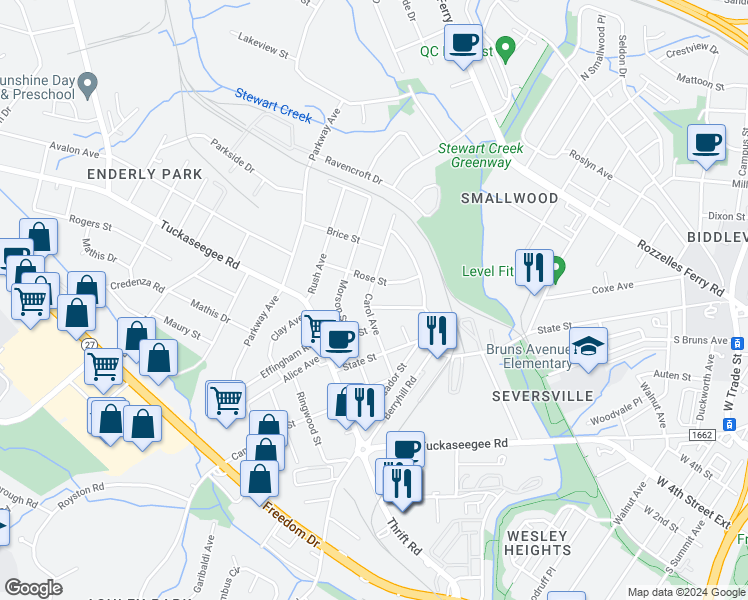 map of restaurants, bars, coffee shops, grocery stores, and more near 2900 Carol Avenue in Charlotte