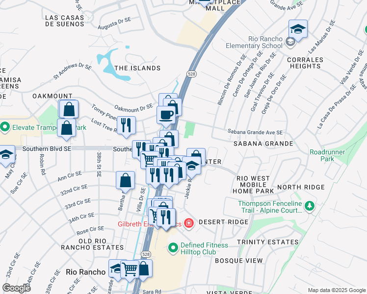 map of restaurants, bars, coffee shops, grocery stores, and more near 4101 Meadowlark Lane Southeast in Rio Rancho
