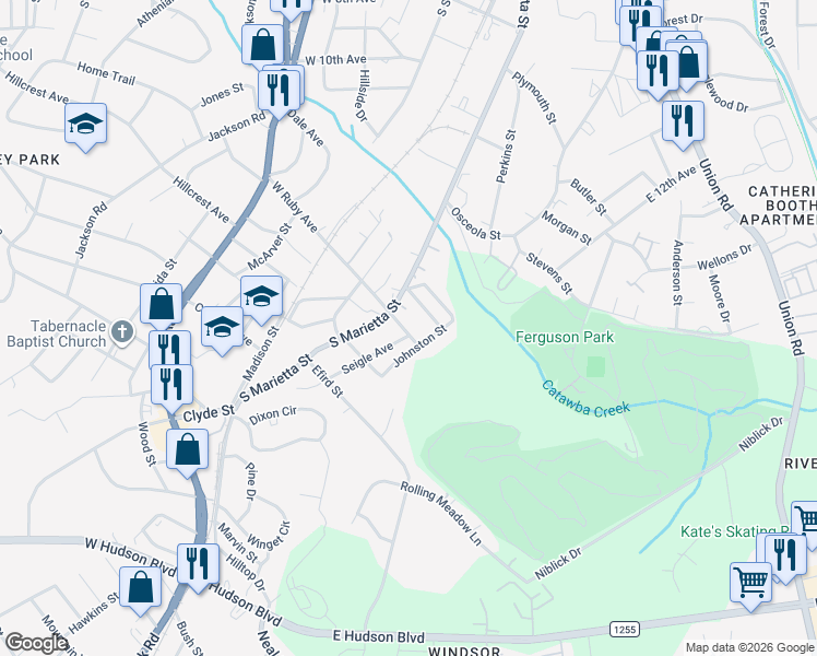 map of restaurants, bars, coffee shops, grocery stores, and more near 1410 Seigle Avenue in Gastonia