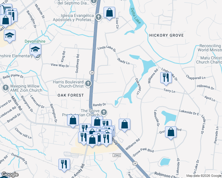 map of restaurants, bars, coffee shops, grocery stores, and more near 6232 Deliah Lane in Charlotte