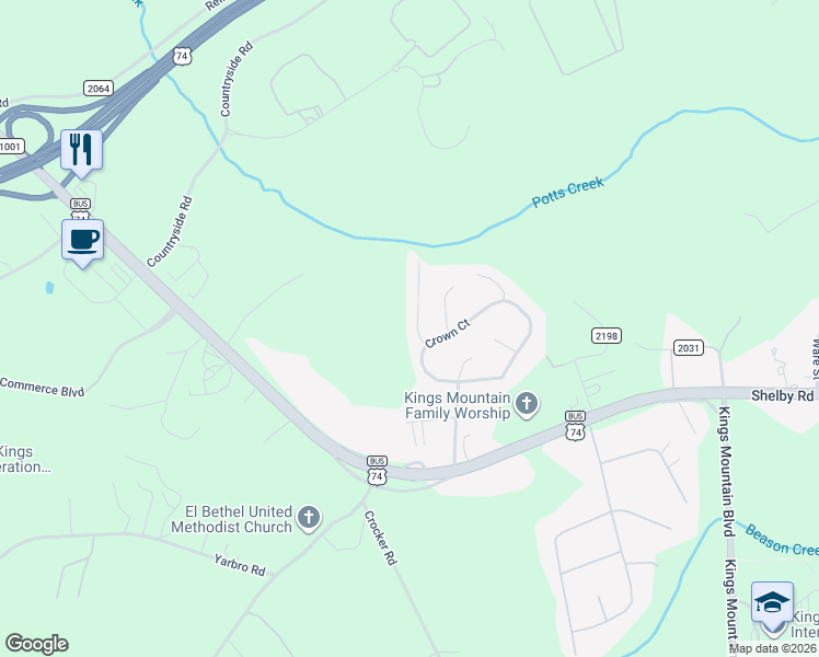 map of restaurants, bars, coffee shops, grocery stores, and more near 113 Crown Court in Kings Mountain