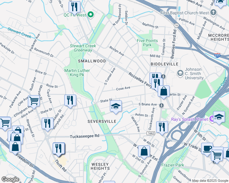 map of restaurants, bars, coffee shops, grocery stores, and more near 410 Coxe Avenue in Charlotte