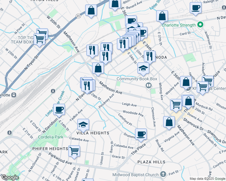 map of restaurants, bars, coffee shops, grocery stores, and more near 800 Charles Avenue in Charlotte