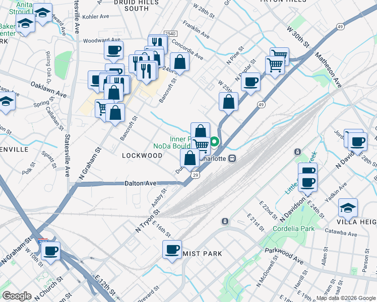 map of restaurants, bars, coffee shops, grocery stores, and more near in Charlotte
