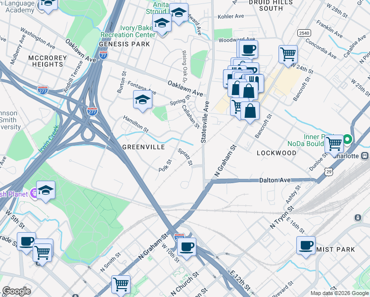 map of restaurants, bars, coffee shops, grocery stores, and more near 901 Polk Street in Charlotte