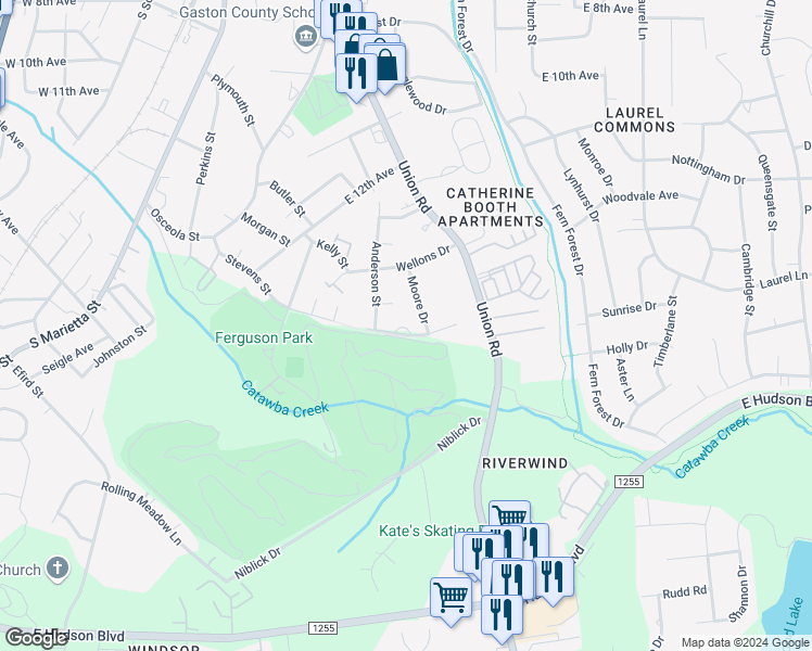 map of restaurants, bars, coffee shops, grocery stores, and more near 614 Tompkins Court in Gastonia