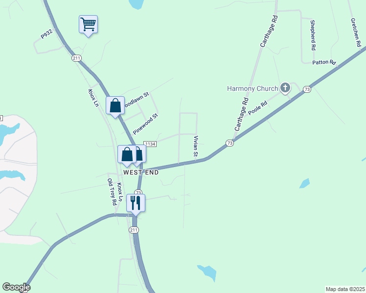 map of restaurants, bars, coffee shops, grocery stores, and more near 220 Voncannon Drive in Moore County