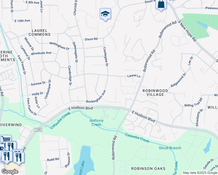 map of restaurants, bars, coffee shops, grocery stores, and more near 1653 Buckingham Avenue in Gastonia