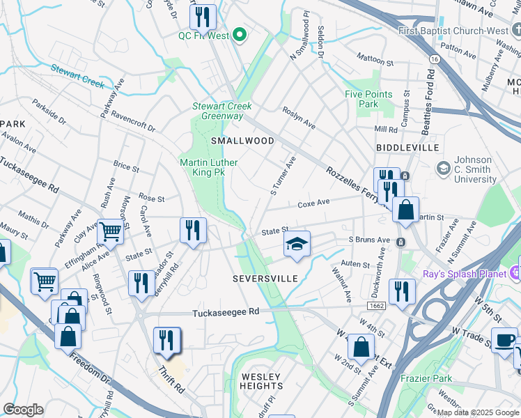 map of restaurants, bars, coffee shops, grocery stores, and more near 500 South Turner Avenue in Charlotte