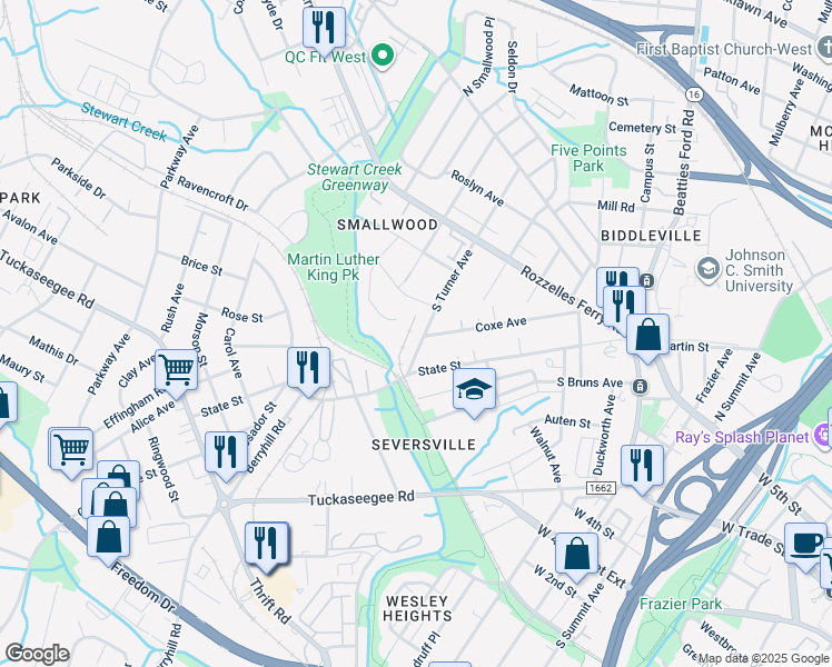 map of restaurants, bars, coffee shops, grocery stores, and more near 500 South Turner Avenue in Charlotte