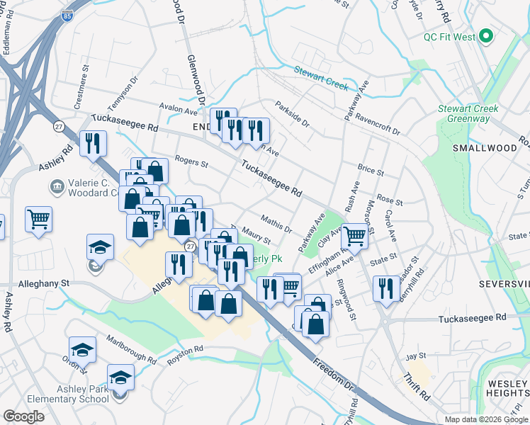 map of restaurants, bars, coffee shops, grocery stores, and more near 1217 Enderly Road in Charlotte