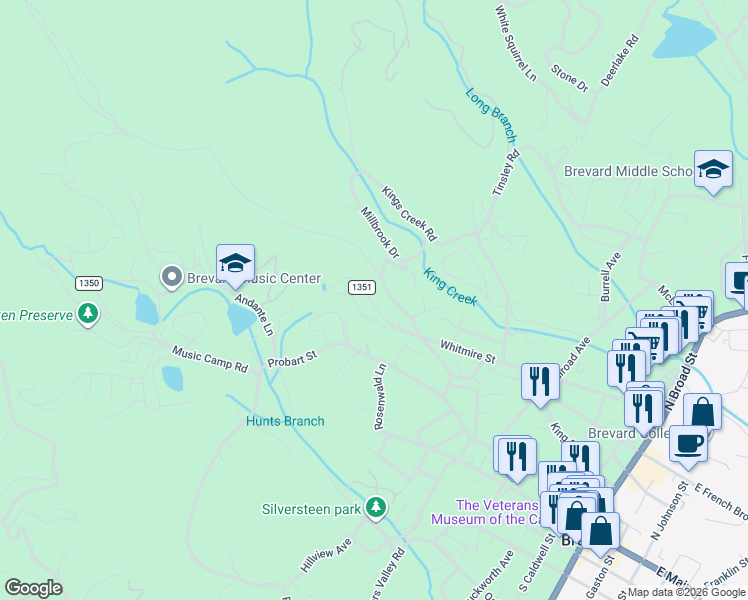 map of restaurants, bars, coffee shops, grocery stores, and more near 164 Burrell Mountain Road in Brevard
