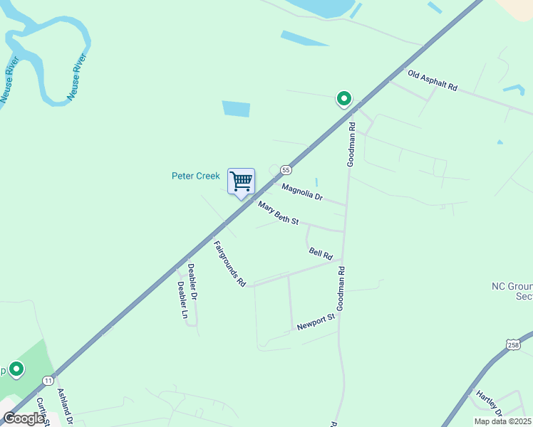 map of restaurants, bars, coffee shops, grocery stores, and more near 527 Mary Beth Street in Kinston
