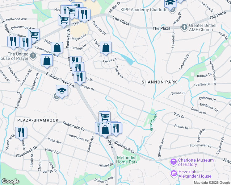 map of restaurants, bars, coffee shops, grocery stores, and more near 1909 Finchley Drive in Charlotte