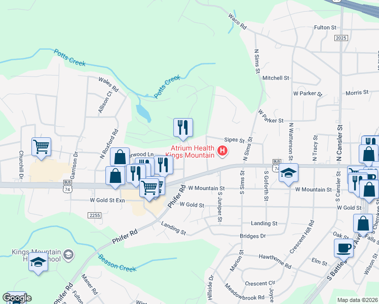 map of restaurants, bars, coffee shops, grocery stores, and more near 109 Country Club Road in Kings Mountain