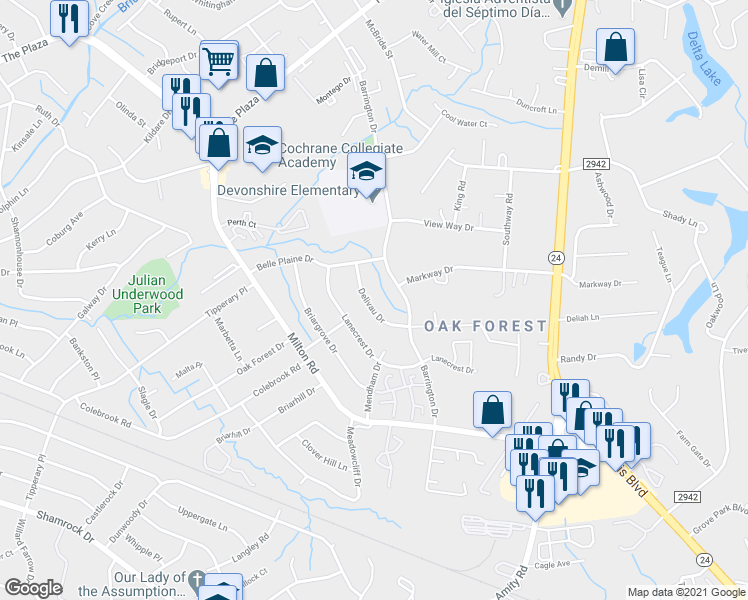 map of restaurants, bars, coffee shops, grocery stores, and more near 6720 Barrington Drive in Charlotte