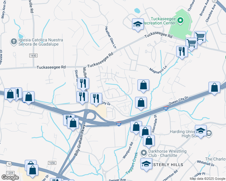 map of restaurants, bars, coffee shops, grocery stores, and more near 3018 Tacoma Street in Charlotte