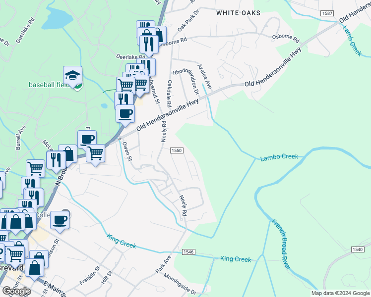map of restaurants, bars, coffee shops, grocery stores, and more near 96 North Oak Street in Brevard