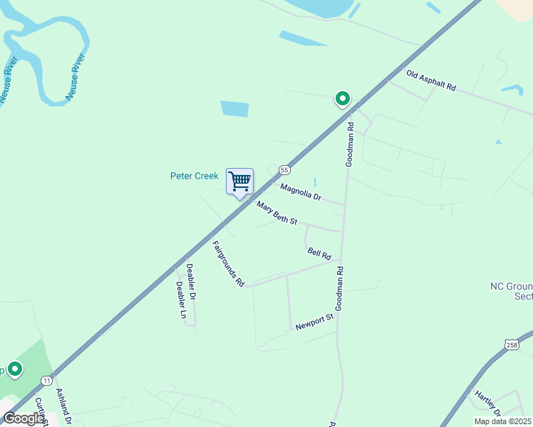 map of restaurants, bars, coffee shops, grocery stores, and more near 527 Mary Beth Street in Kinston