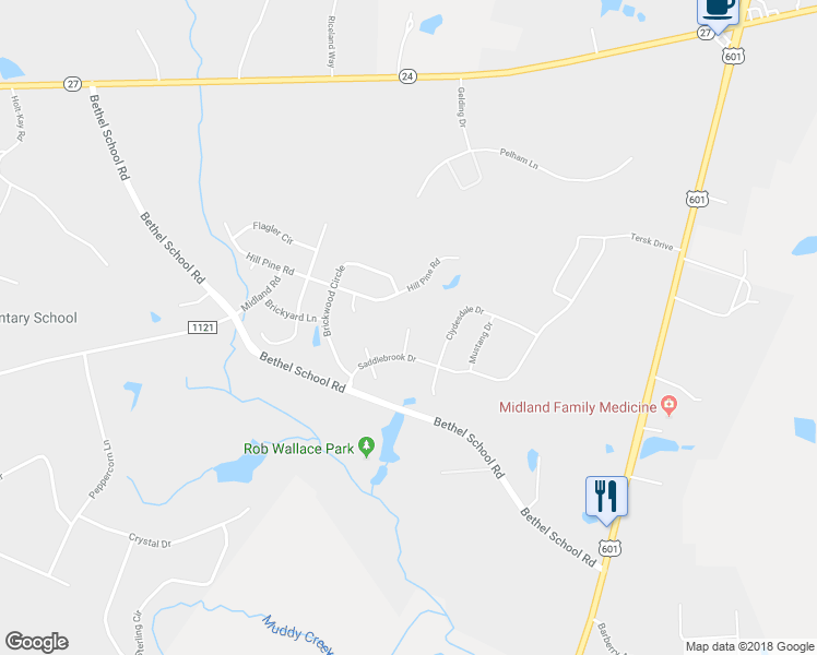 map of restaurants, bars, coffee shops, grocery stores, and more near Connemara Court in Midland