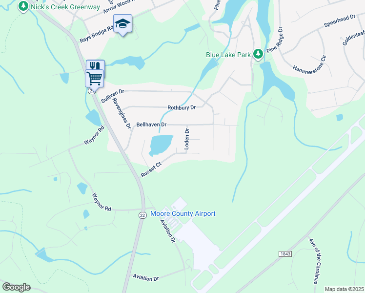 map of restaurants, bars, coffee shops, grocery stores, and more near 154 Loden Drive in Whispering Pines