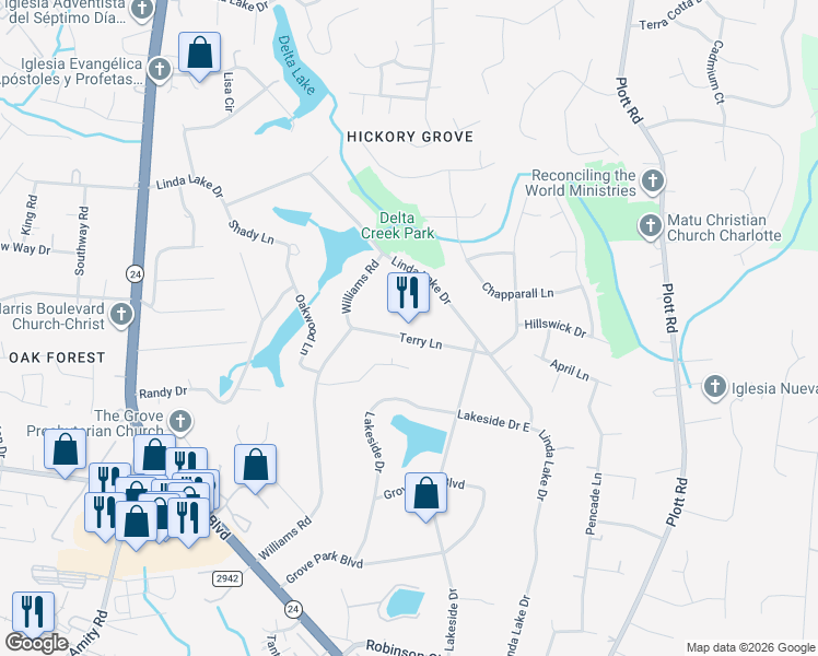 map of restaurants, bars, coffee shops, grocery stores, and more near 6701 Terry Lane in Charlotte