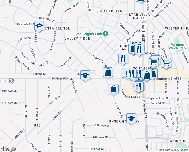 map of restaurants, bars, coffee shops, grocery stores, and more near 1455 Cedar Lane Southeast in Rio Rancho