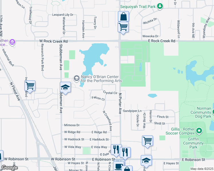map of restaurants, bars, coffee shops, grocery stores, and more near 131 Crystal Bend in Norman
