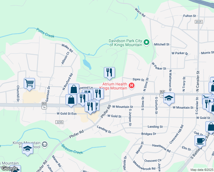 map of restaurants, bars, coffee shops, grocery stores, and more near 109 Country Club Road in Kings Mountain