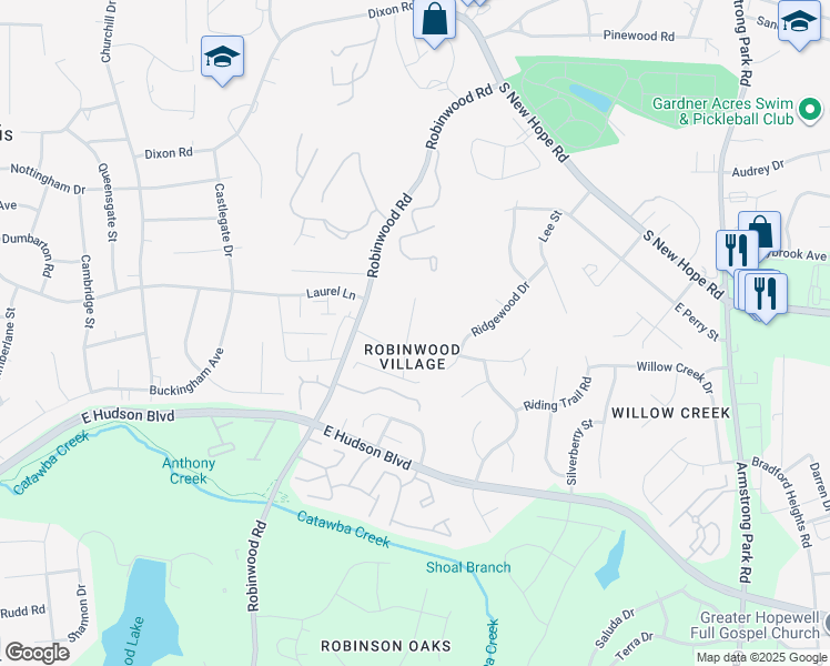 map of restaurants, bars, coffee shops, grocery stores, and more near 1648 Backcreek Lane in Gastonia