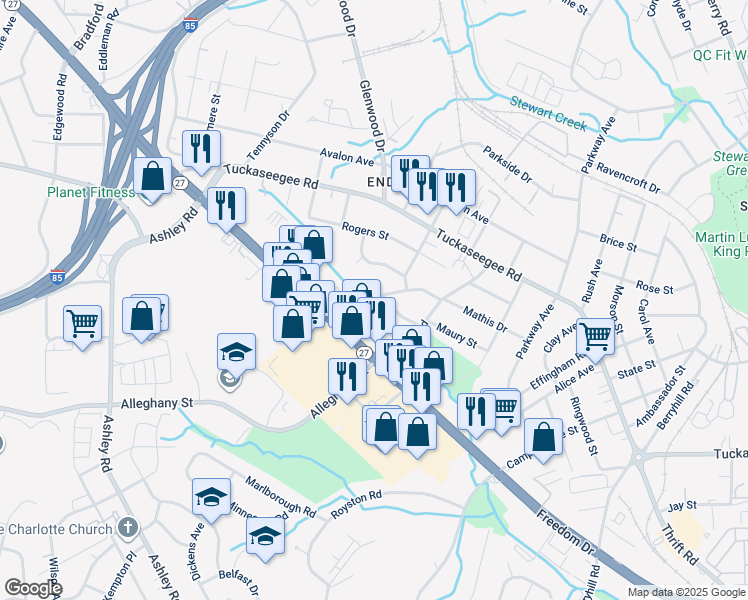 map of restaurants, bars, coffee shops, grocery stores, and more near 3410 Bonaire Drive in Charlotte