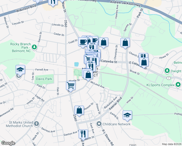 map of restaurants, bars, coffee shops, grocery stores, and more near 7 North Main Street in Belmont
