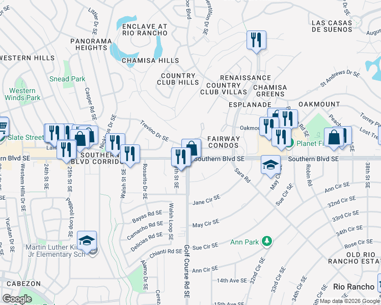 map of restaurants, bars, coffee shops, grocery stores, and more near 2981 Trevino Drive Southeast in Rio Rancho