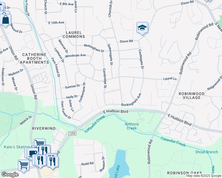 map of restaurants, bars, coffee shops, grocery stores, and more near 1619 Laurel Lane in Gastonia