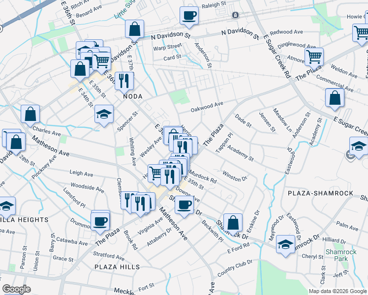 map of restaurants, bars, coffee shops, grocery stores, and more near in Charlotte