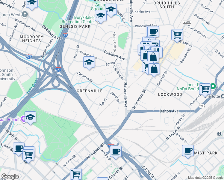 map of restaurants, bars, coffee shops, grocery stores, and more near 901 Polk Street in Charlotte