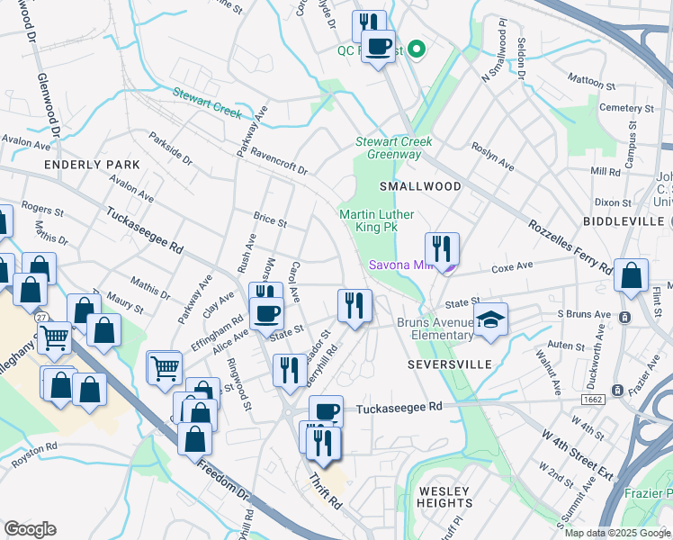 map of restaurants, bars, coffee shops, grocery stores, and more near 542 Ambassador Street in Charlotte