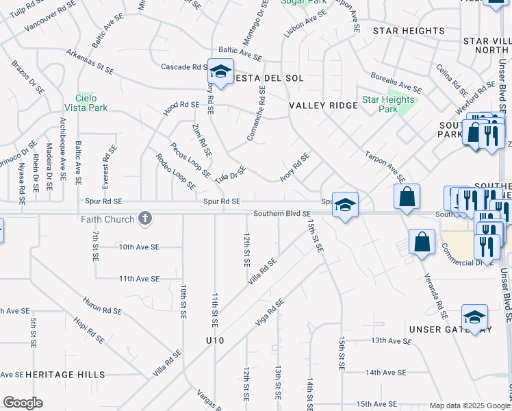 map of restaurants, bars, coffee shops, grocery stores, and more near 1161 Spur Road Southeast in Rio Rancho
