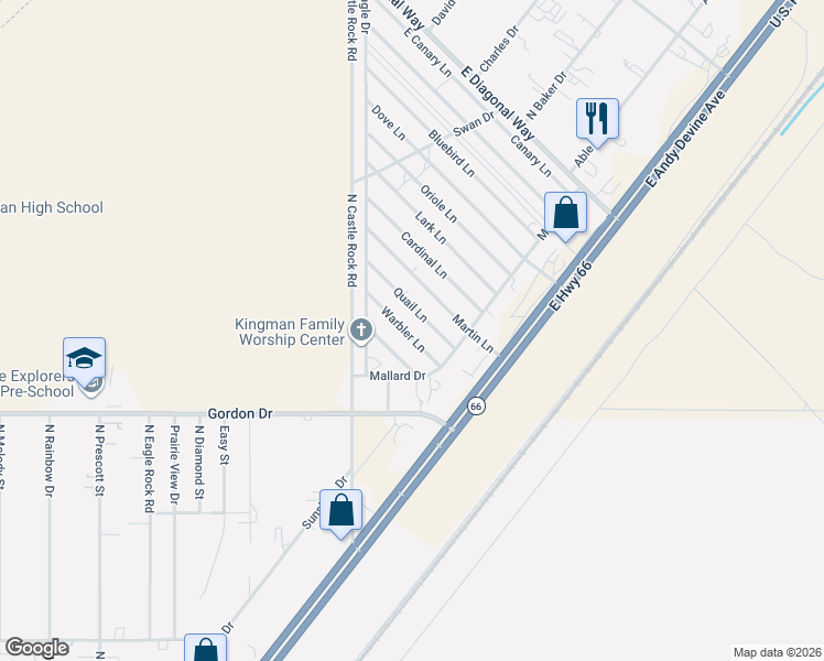 map of restaurants, bars, coffee shops, grocery stores, and more near 3563-3565 Quail Lane in Kingman