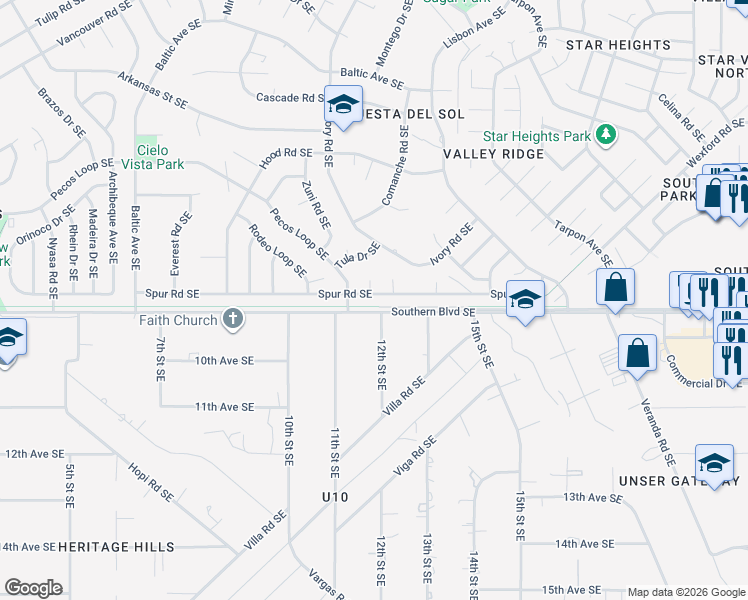 map of restaurants, bars, coffee shops, grocery stores, and more near 1119 Spur Road Southeast in Rio Rancho