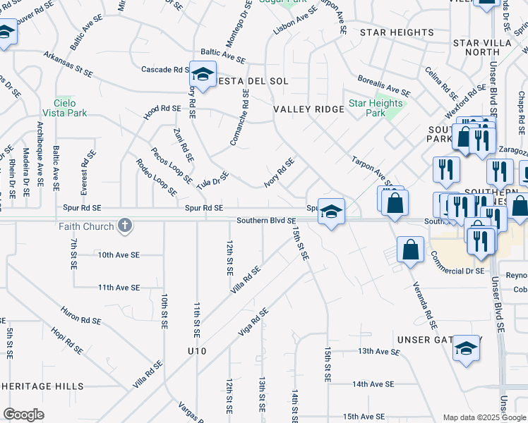 map of restaurants, bars, coffee shops, grocery stores, and more near 1231 Spur Road Southeast in Rio Rancho